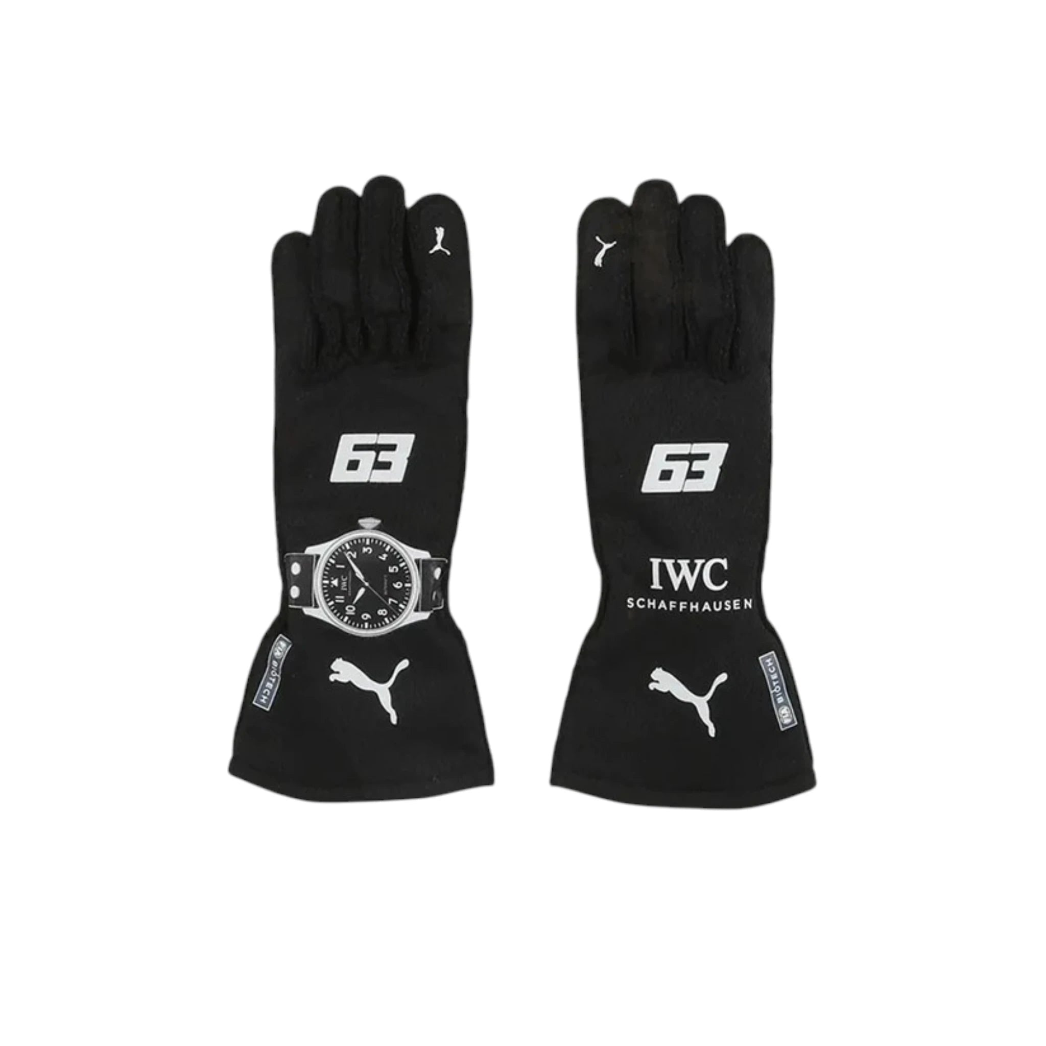 George Russell 2023 Mercedes-AMG Petronas F1 racing gloves with team branding and sponsor logos
