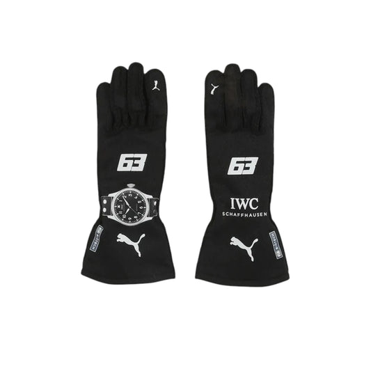 George Russell 2023 Mercedes-AMG Petronas F1 racing gloves with team branding and sponsor logos