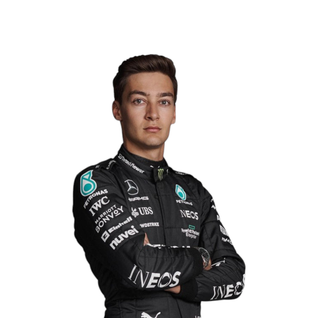 George Russell 2023 Mercedes-AMG Petronas F1 race suit in black with PETRONAS teal accents and sponsor branding