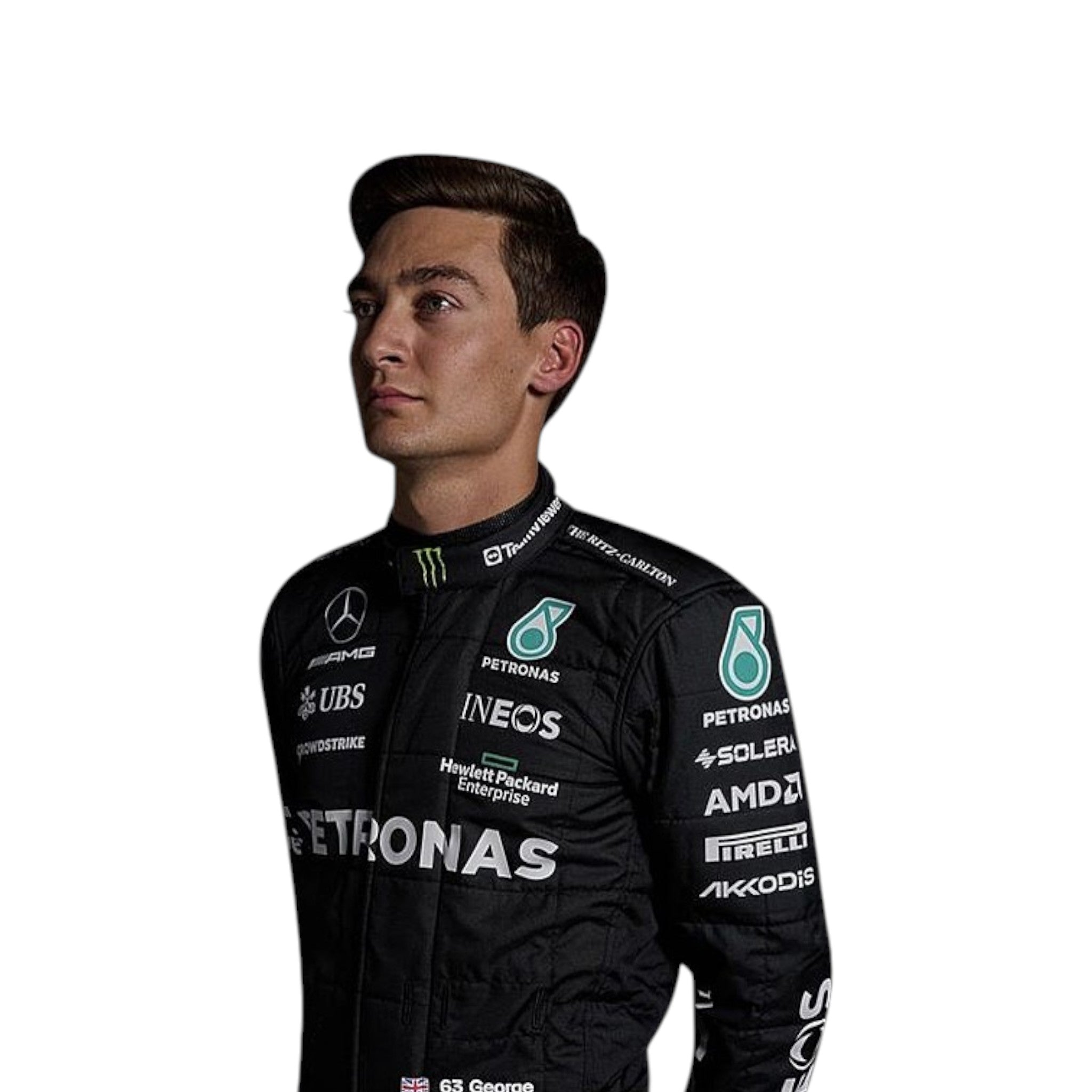 George Russell 2023 Mercedes-AMG Petronas F1 race suit in black with PETRONAS teal accents and sponsor branding