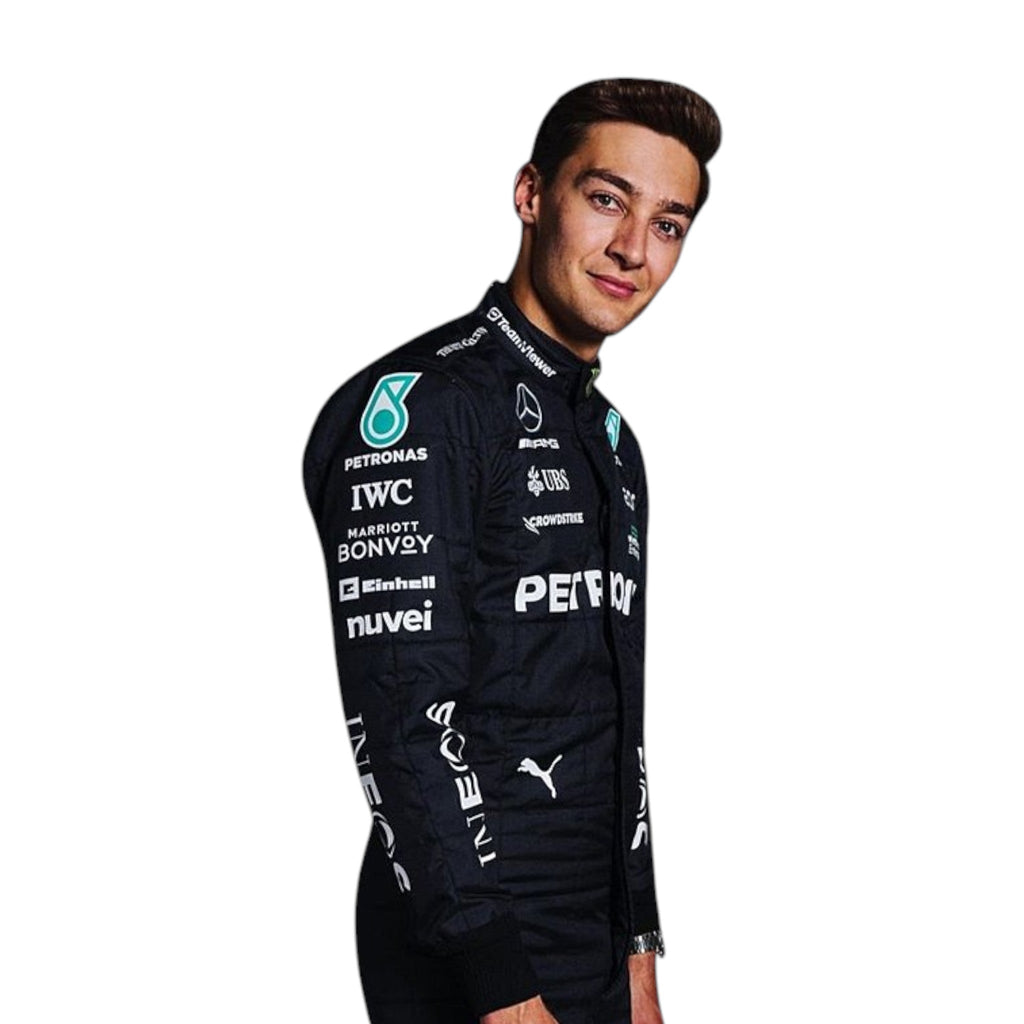 George Russell 2023 Mercedes-AMG Petronas F1 race suit in black with PETRONAS teal accents and sponsor branding