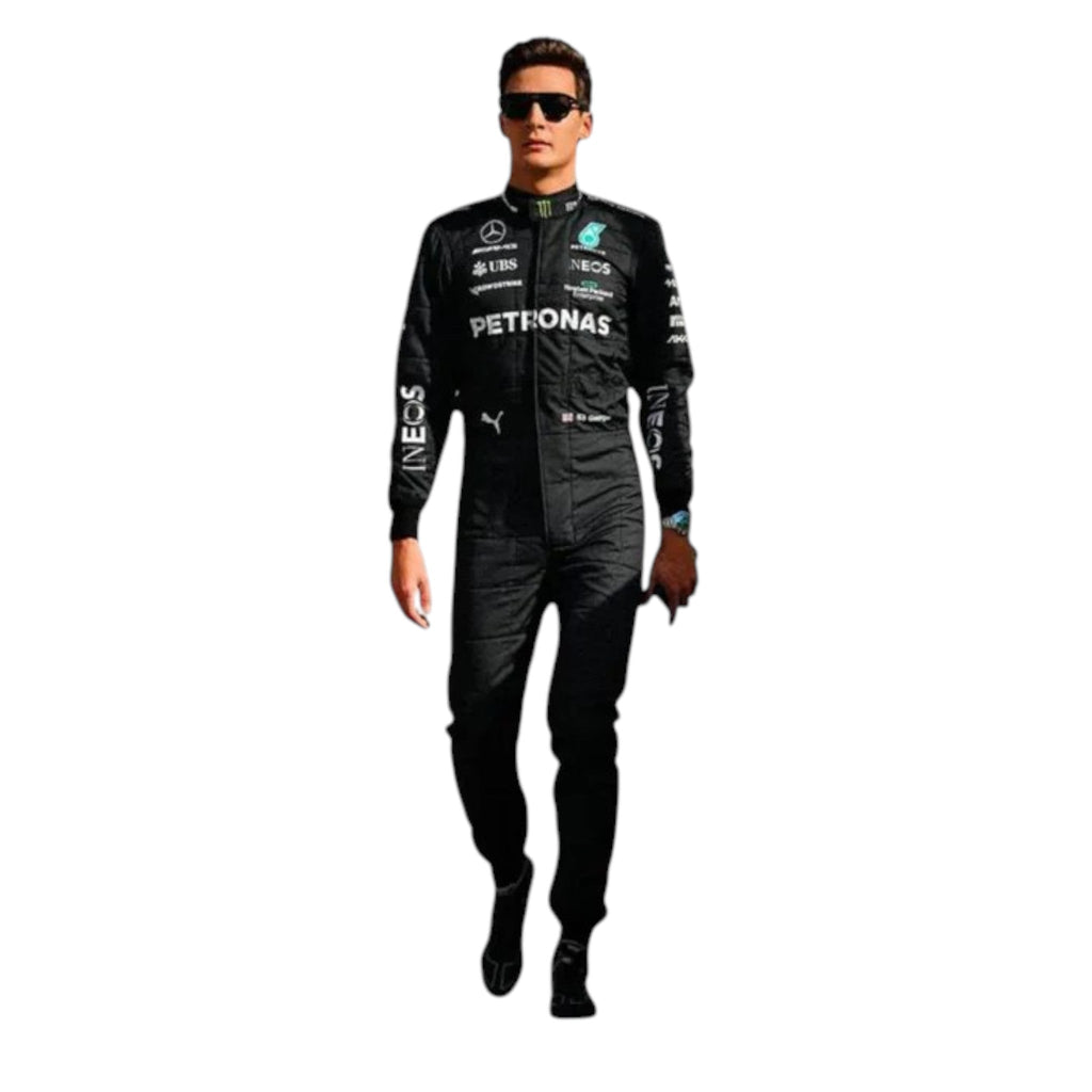 George Russell 2023 Mercedes-AMG Petronas F1 race suit in black with PETRONAS teal accents and sponsor branding