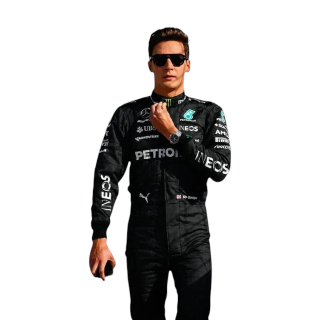 George Russell 2023 Mercedes-AMG Petronas F1 race suit in black with PETRONAS teal accents and sponsor branding