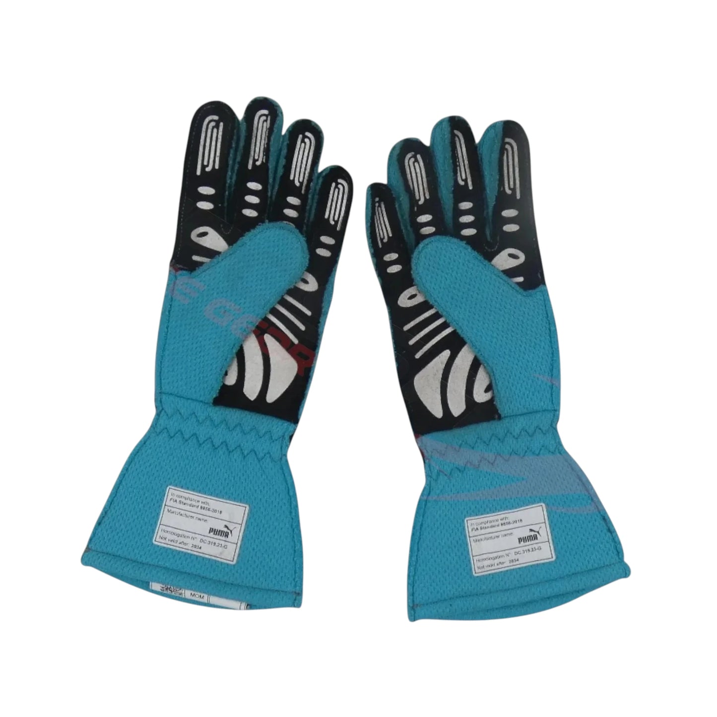 George Russell 2024 Mercedes-AMG Petronas F1 racing gloves with team branding and sponsor logos