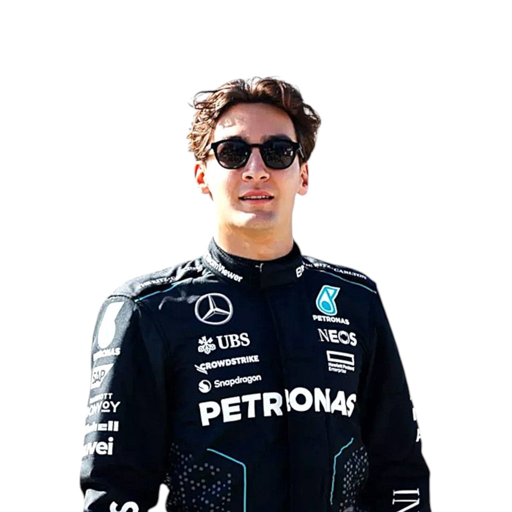 George Russell 2024 Mercedes-AMG Petronas F1 race suit in black with teal accents and sponsor branding