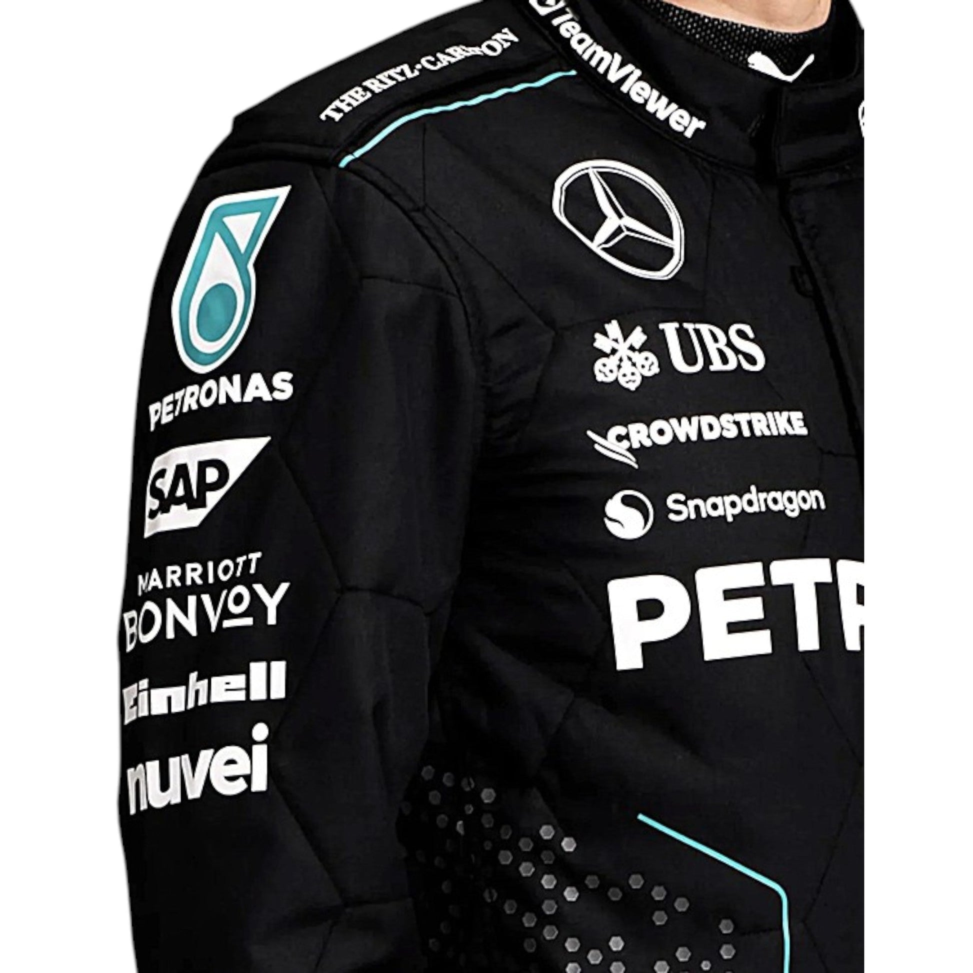 George Russell 2024 Mercedes-AMG Petronas F1 race suit in black with teal accents and sponsor branding