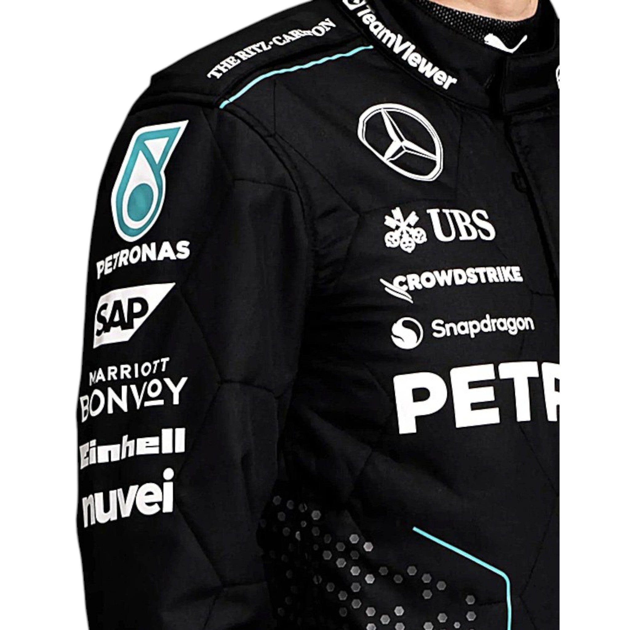 George Russell 2024 Mercedes-AMG Petronas F1 race suit in black with teal accents and sponsor branding