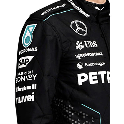 George Russell 2024 Mercedes-AMG Petronas F1 race suit in black with teal accents and sponsor branding
