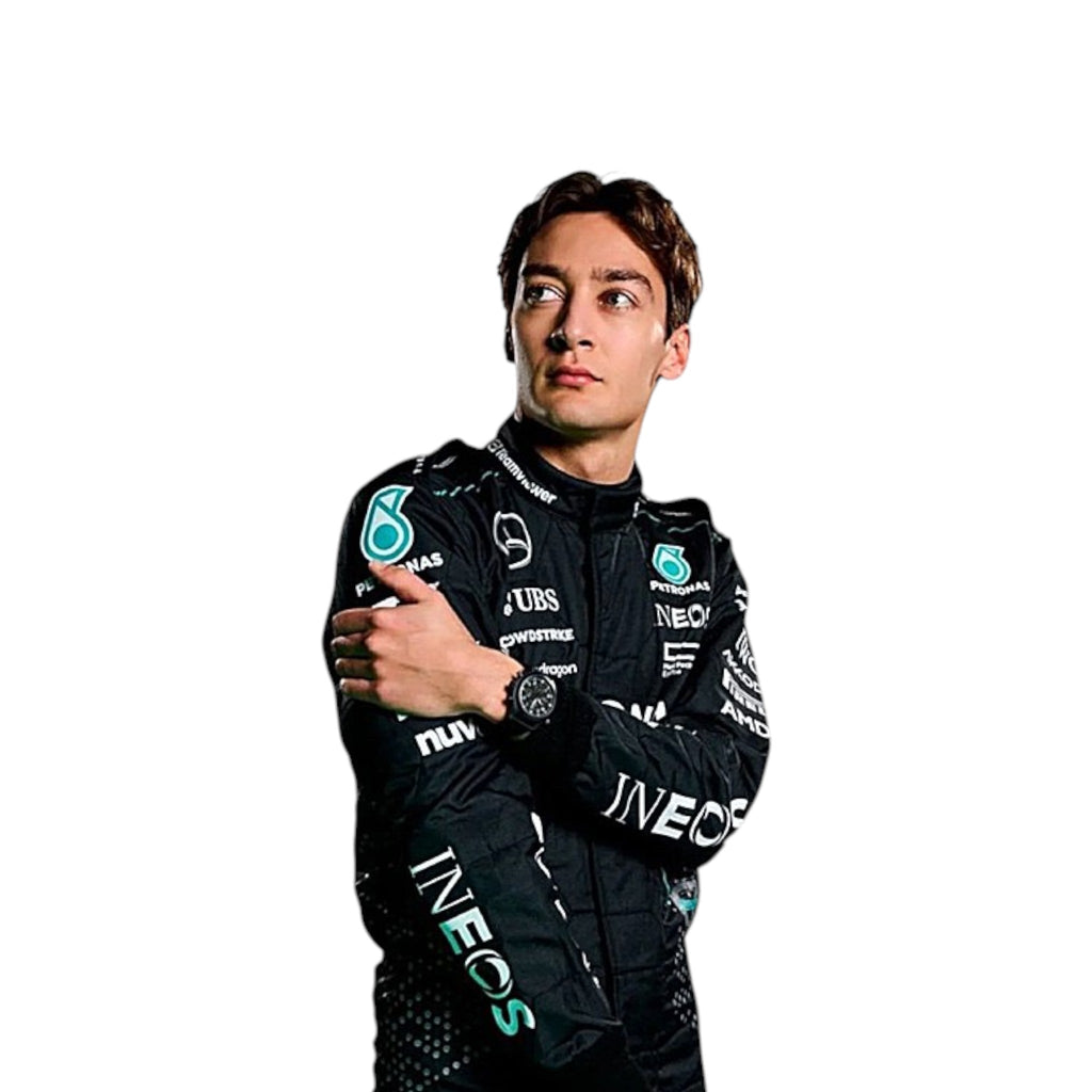 George Russell 2024 Mercedes-AMG Petronas F1 race suit in black with teal accents and sponsor branding