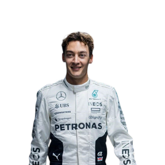 George Russell wearing a 2024 Mercedes-AMG Petronas Qatar GP F1 race suit in white with black accents and sponsor logos