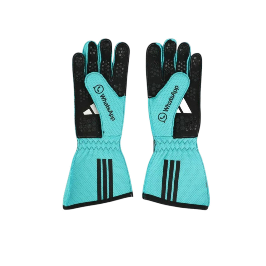 George Russell 2025 Mercedes-AMG Petronas F1 racing gloves with team branding and sponsor logos