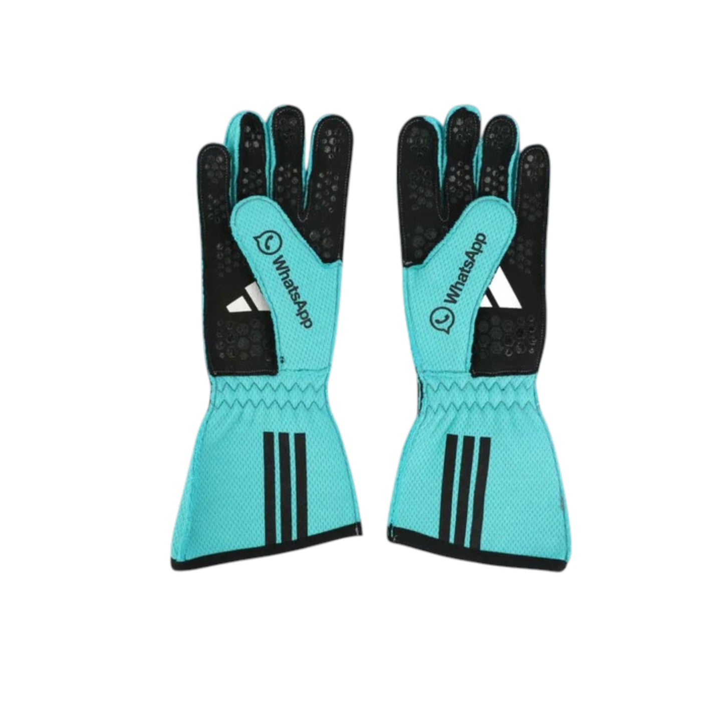 George Russell 2025 Mercedes-AMG Petronas F1 racing gloves with team branding and sponsor logos