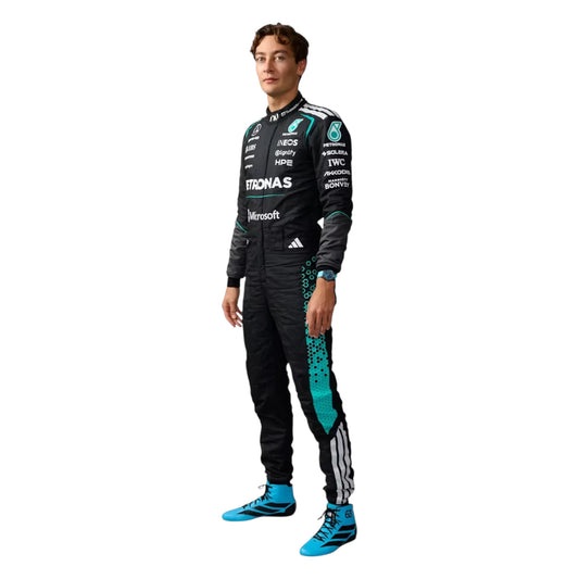 George Russell 2026 Mercedes-AMG Petronas F1 race suit in black with turquoise accents featuring sponsor logos