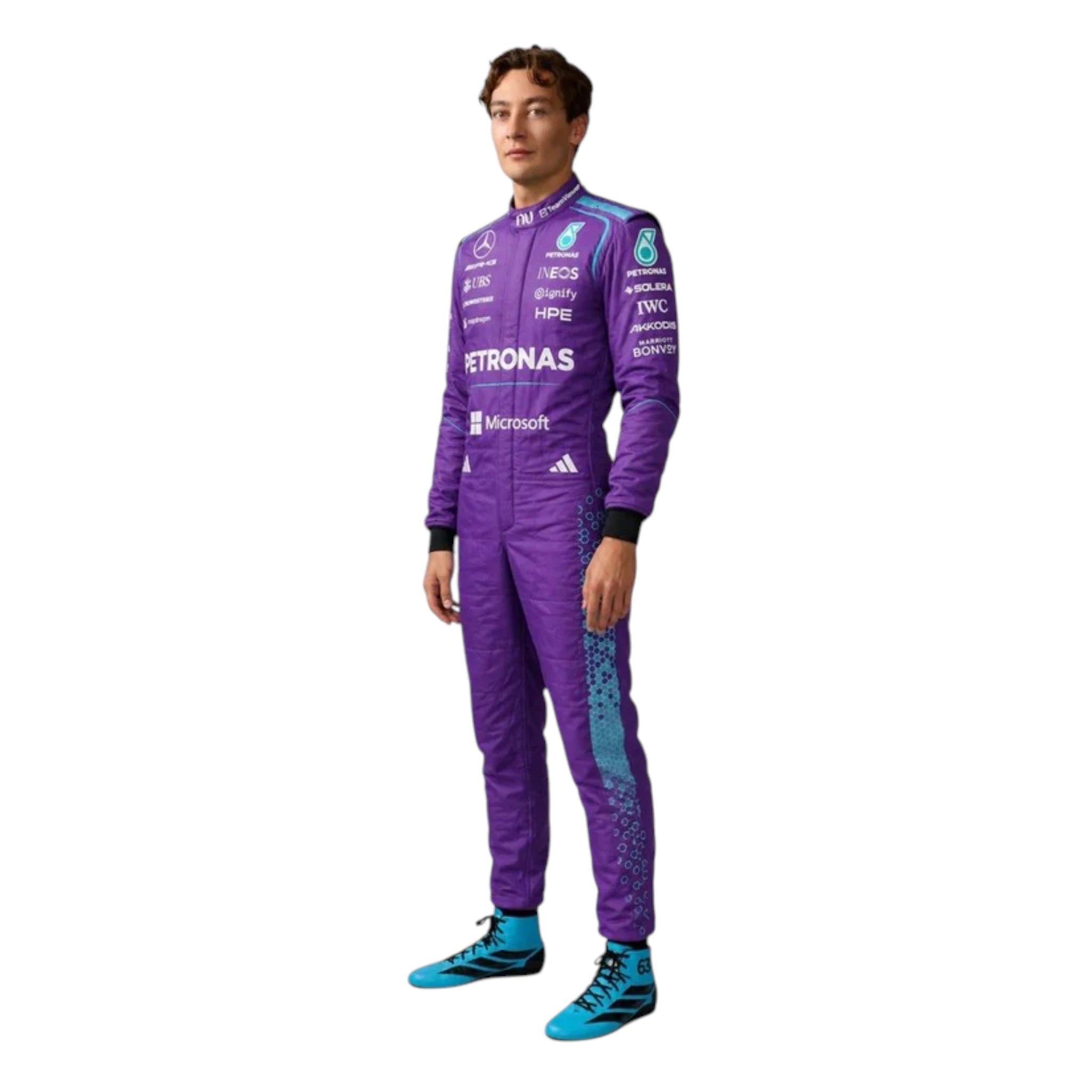 George Russell 2026 Mercedes AMG Petronas Miami GP F1 race suit in purple with turquoise accents and sponsor logos