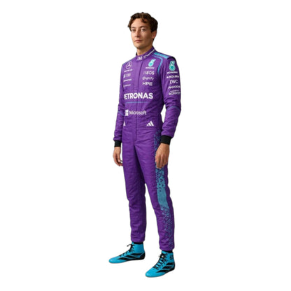 George Russell 2026 Mercedes AMG Petronas Miami GP F1 race suit in purple with turquoise accents and sponsor logos