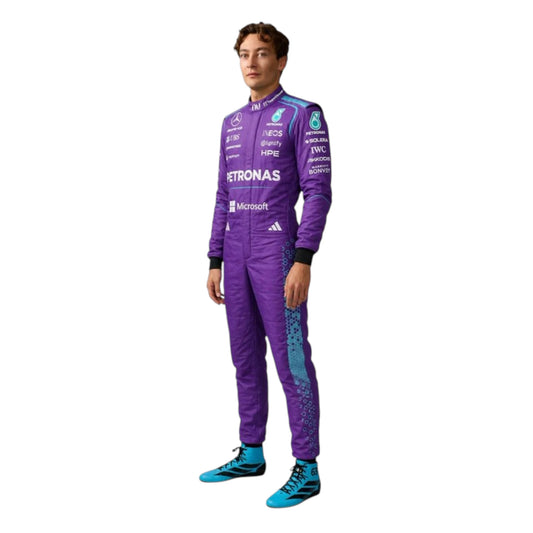 George Russell 2026 Mercedes AMG Petronas Miami GP F1 race suit in purple with turquoise accents and sponsor logos