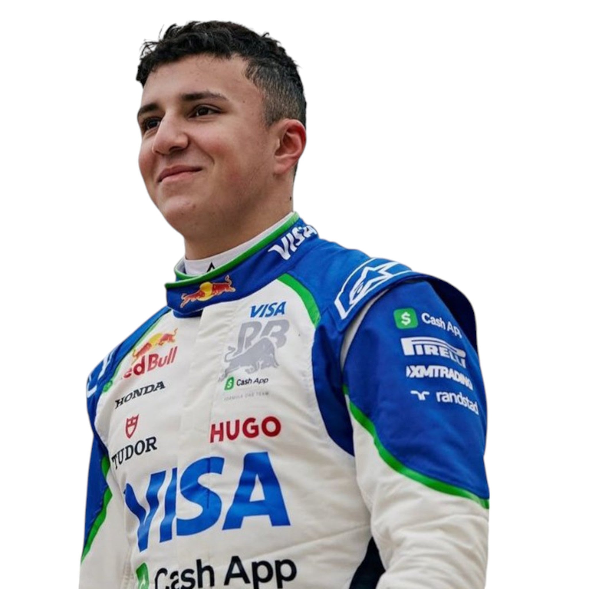 Isack Hadjar 2025 Racing Bulls F1 race suit in blue and white with sponsor branding