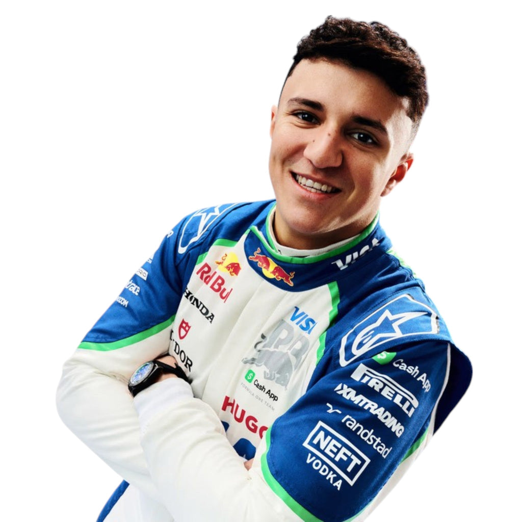 Isack Hadjar 2025 Racing Bulls F1 race suit in blue and white with sponsor branding
