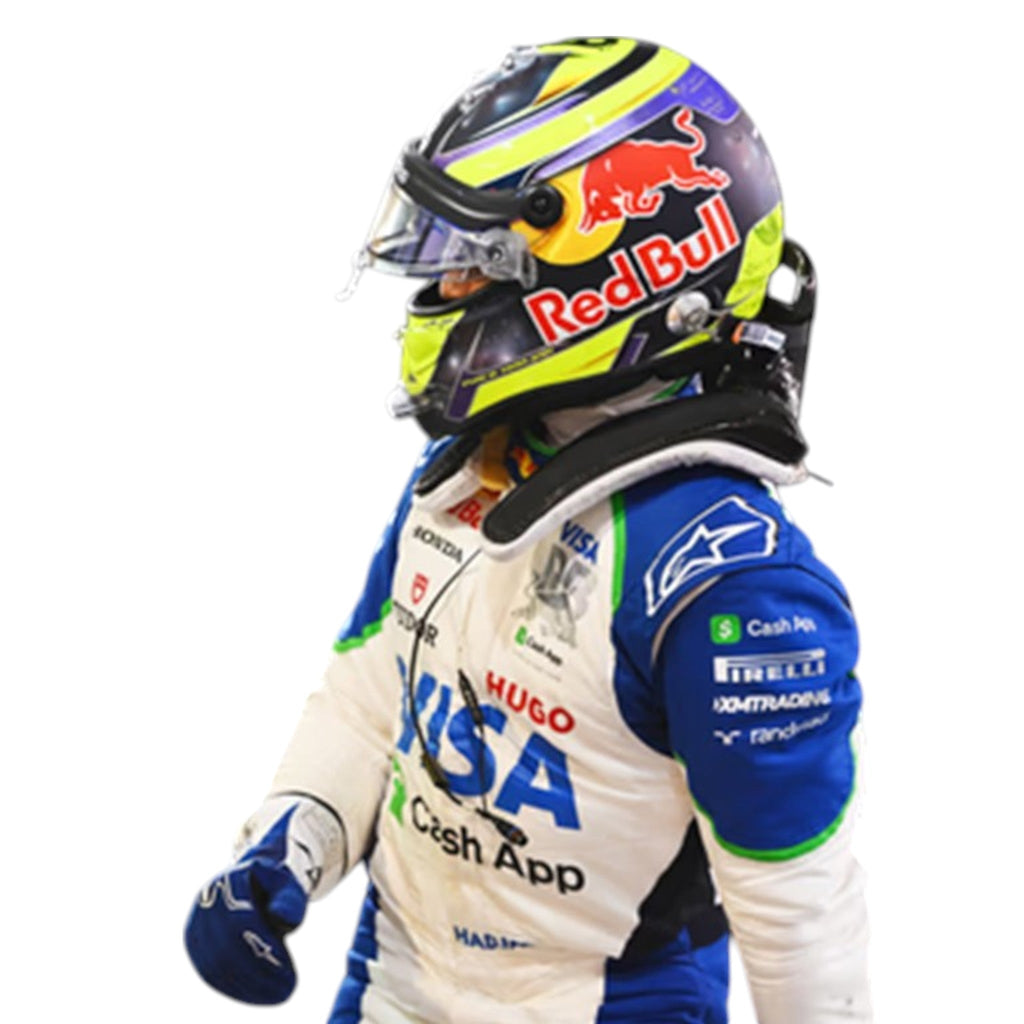 Isack Hadjar 2025 Racing Bulls F1 race suit in blue and white with sponsor branding