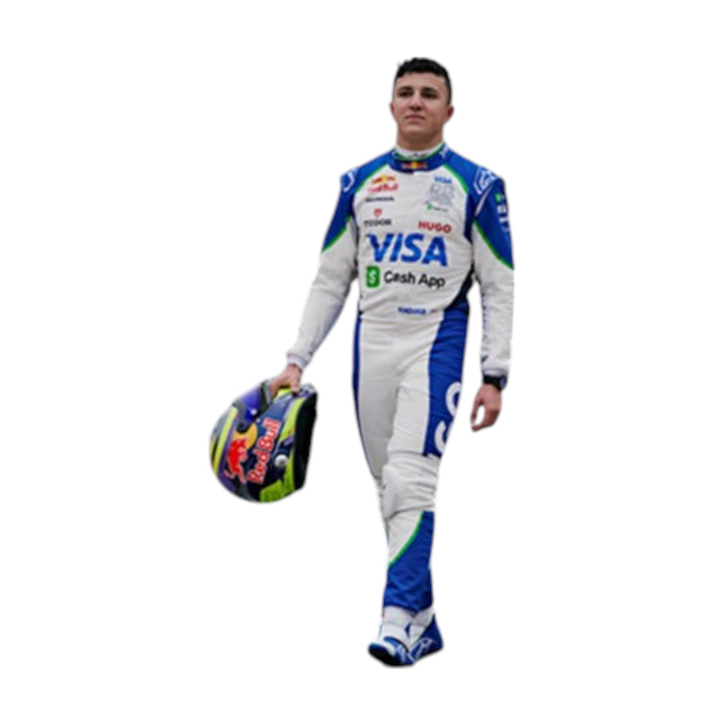 Isack Hadjar 2025 Racing Bulls F1 race suit in blue and white with sponsor branding