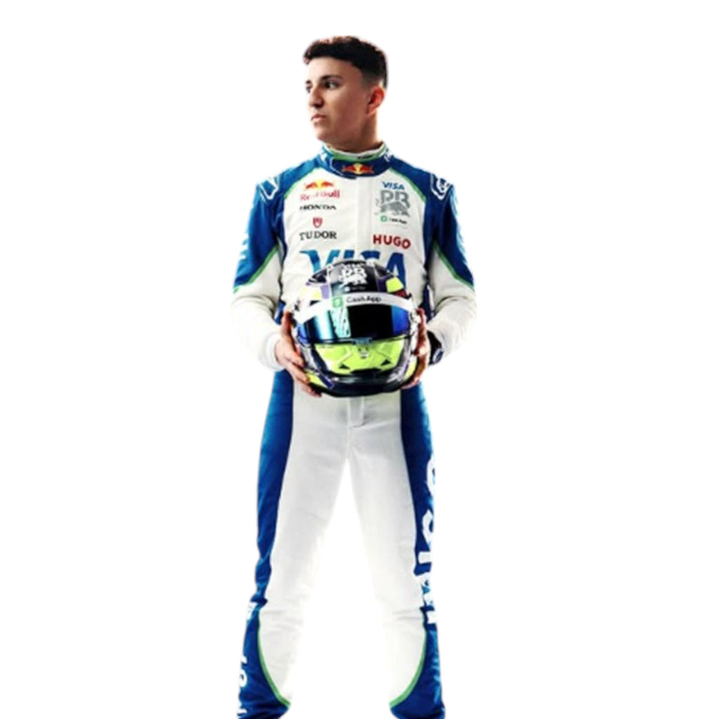 Isack Hadjar 2025 Racing Bulls F1 race suit in blue and white with sponsor branding