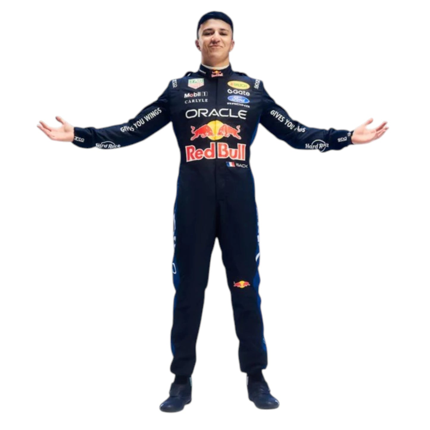 Isack Hadjar 2026 Red Bull F1 race suit in dark navy blue with red and yellow accents featuring sponsor logos