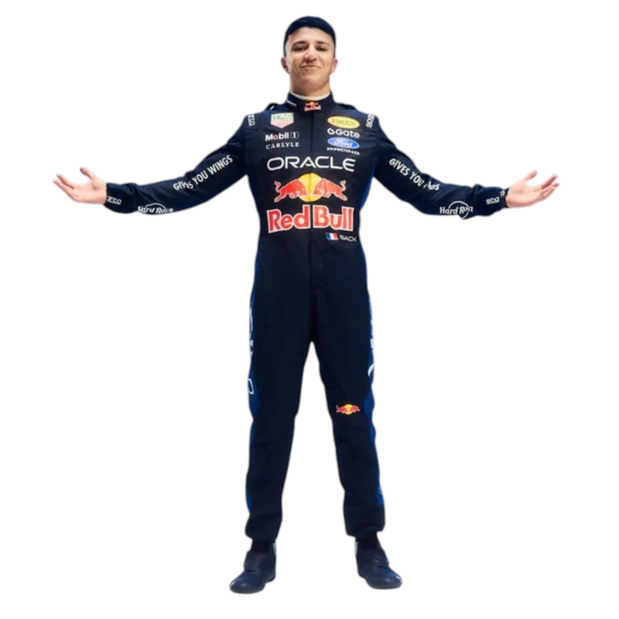 Isack Hadjar 2026 Red Bull F1 race suit in dark navy blue with red and yellow accents featuring sponsor logos