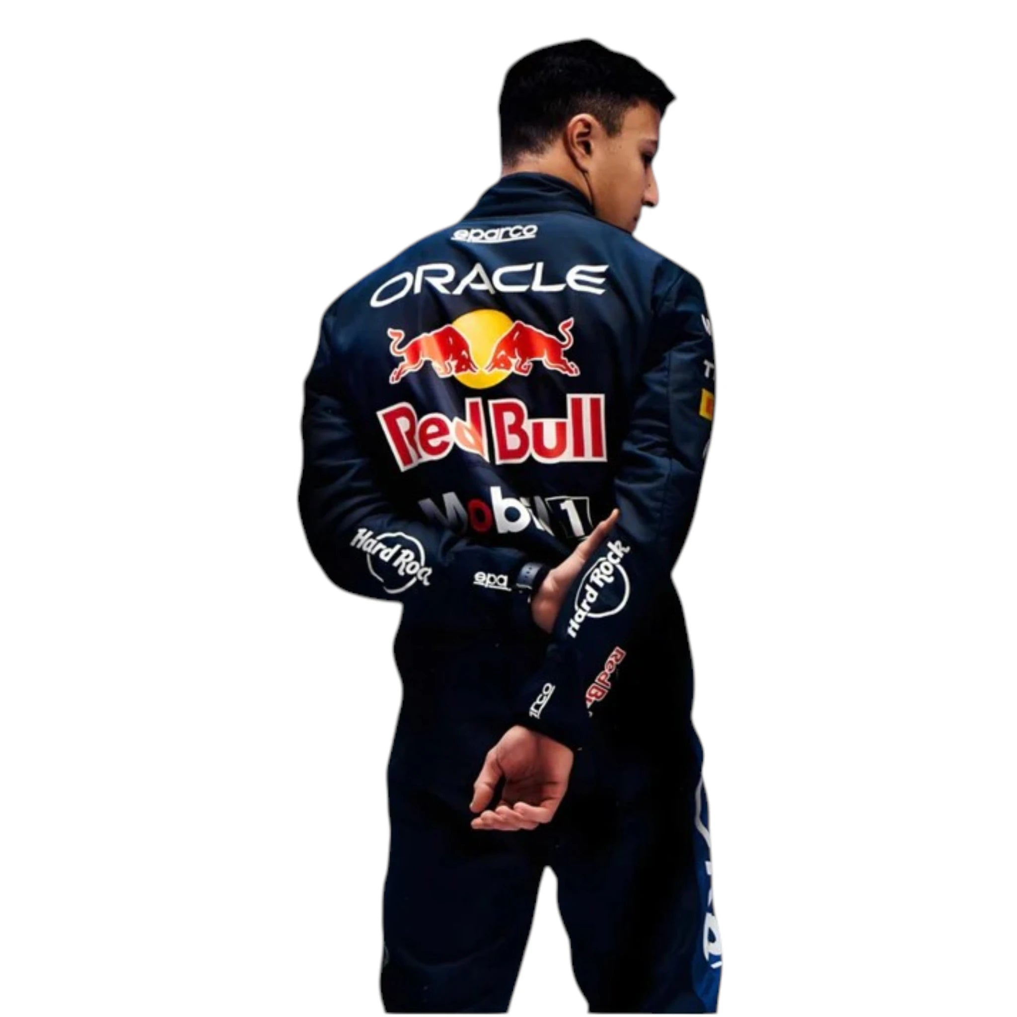 Isack Hadjar 2026 Red Bull F1 race suit in dark navy blue with red and yellow accents featuring sponsor logos