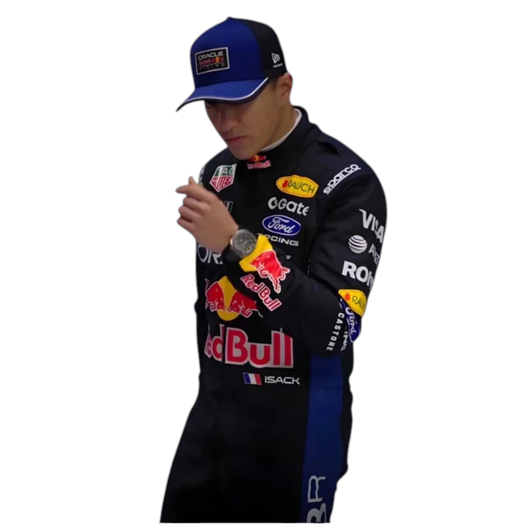 Isack Hadjar 2026 Red Bull F1 race suit in dark navy blue with red and yellow accents featuring sponsor logos