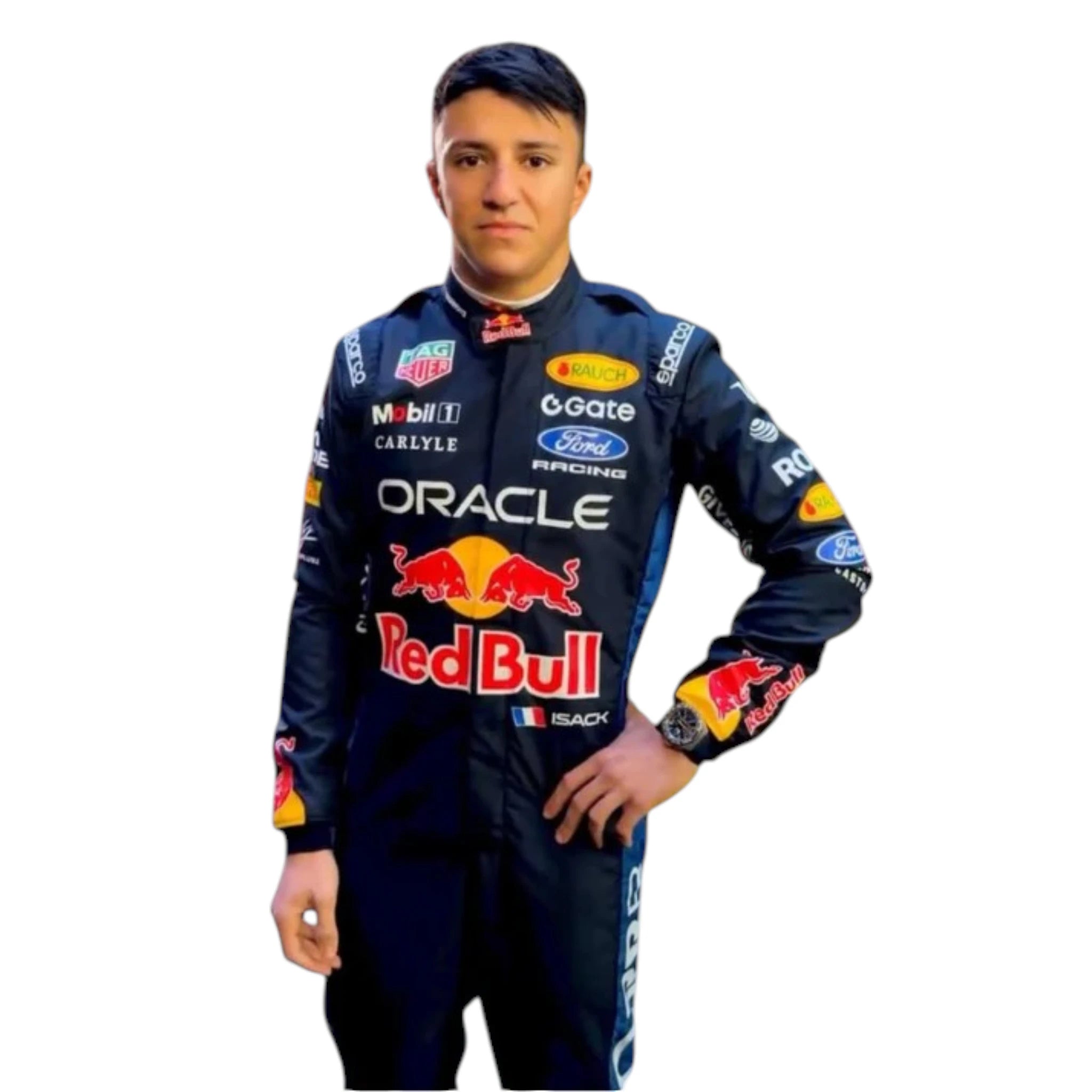 Isack Hadjar 2026 Red Bull F1 race suit in dark navy blue with red and yellow accents featuring sponsor logos