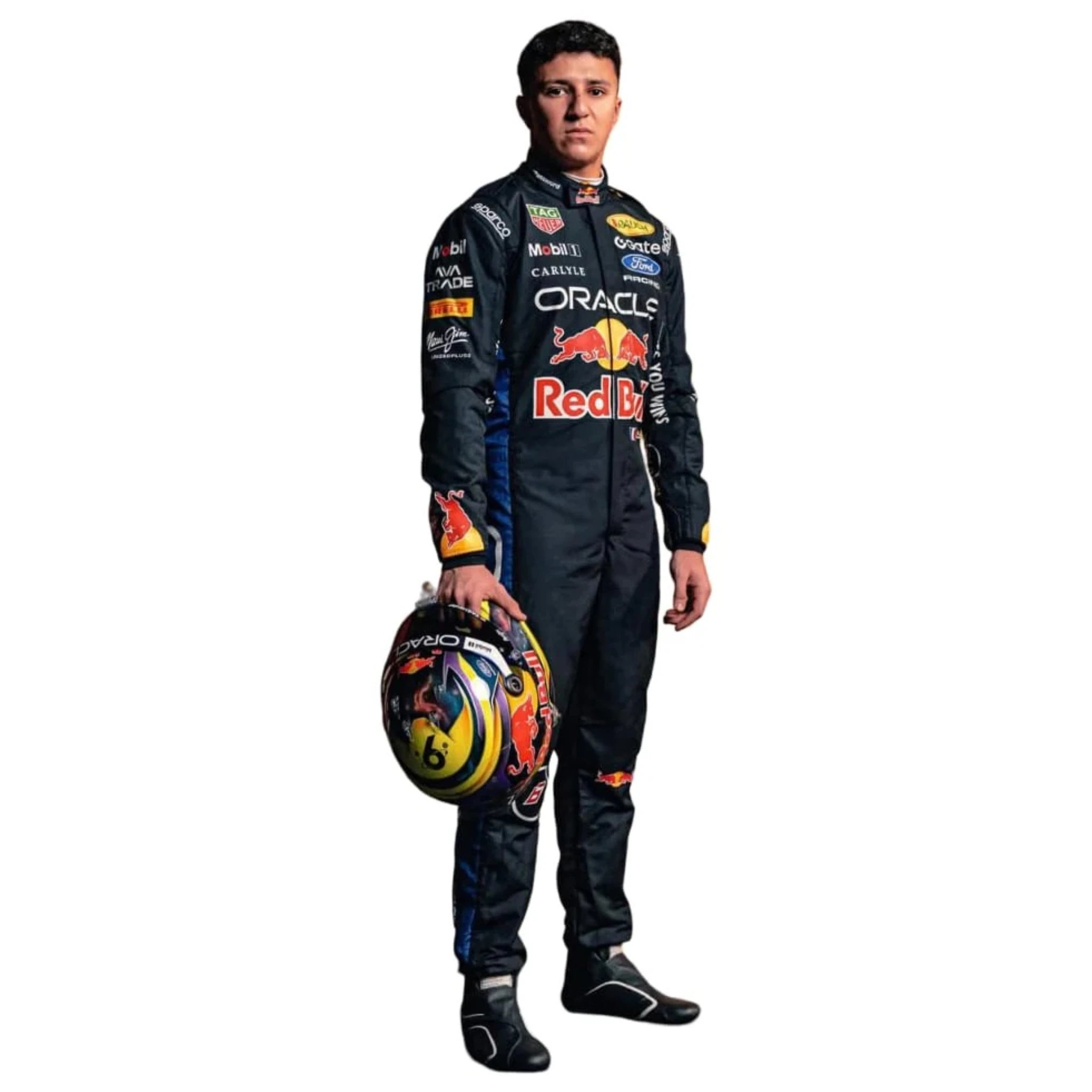 Isack Hadjar 2026 Red Bull F1 race suit in dark navy blue with red and yellow accents featuring sponsor logos