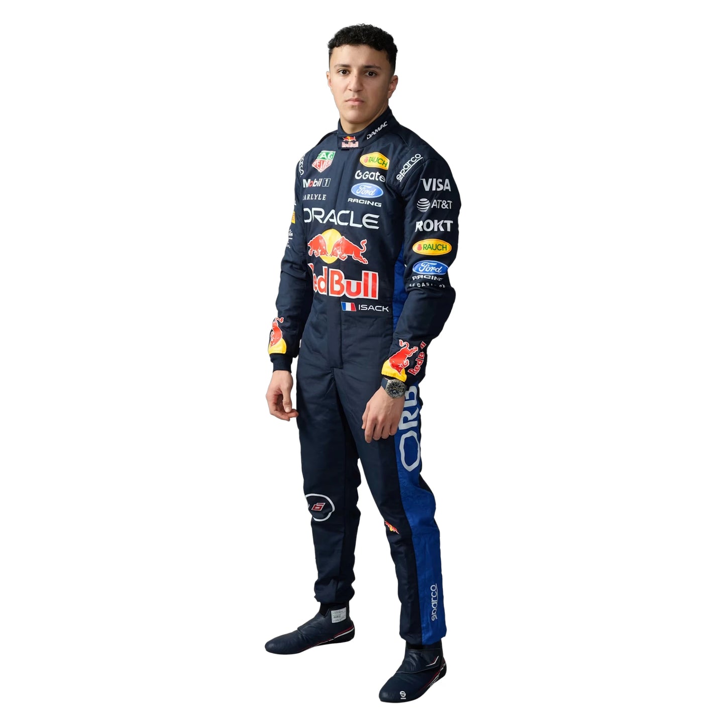 Isack Hadjar 2026 Red Bull F1 race suit in dark navy blue with red and yellow accents featuring sponsor logos