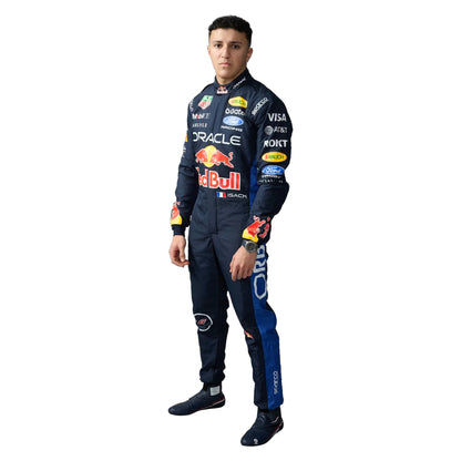 Isack Hadjar 2026 Red Bull F1 race suit in dark navy blue with red and yellow accents featuring sponsor logos