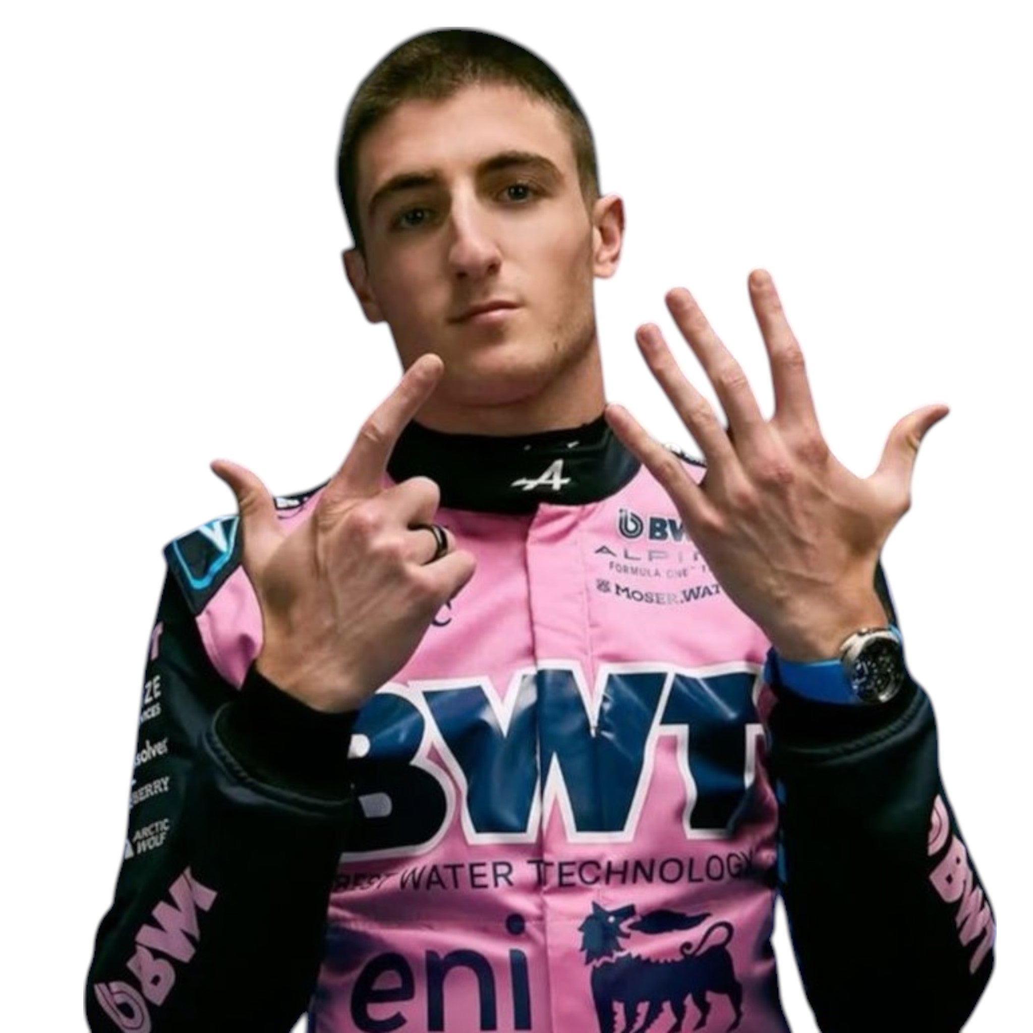 Jack Doohan 2025 Alpine F1 race suit in pink and blue with sponsor branding