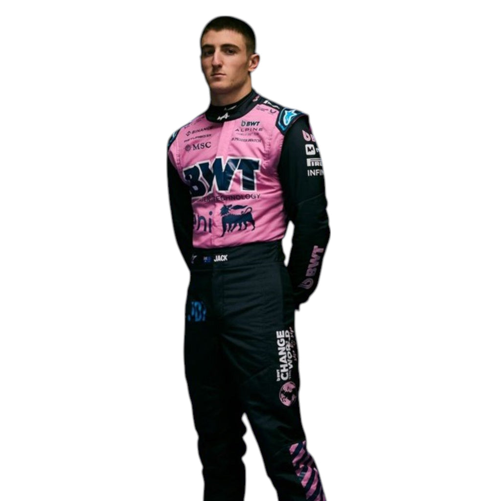 Jack Doohan 2025 Alpine F1 race suit in pink and blue with sponsor branding