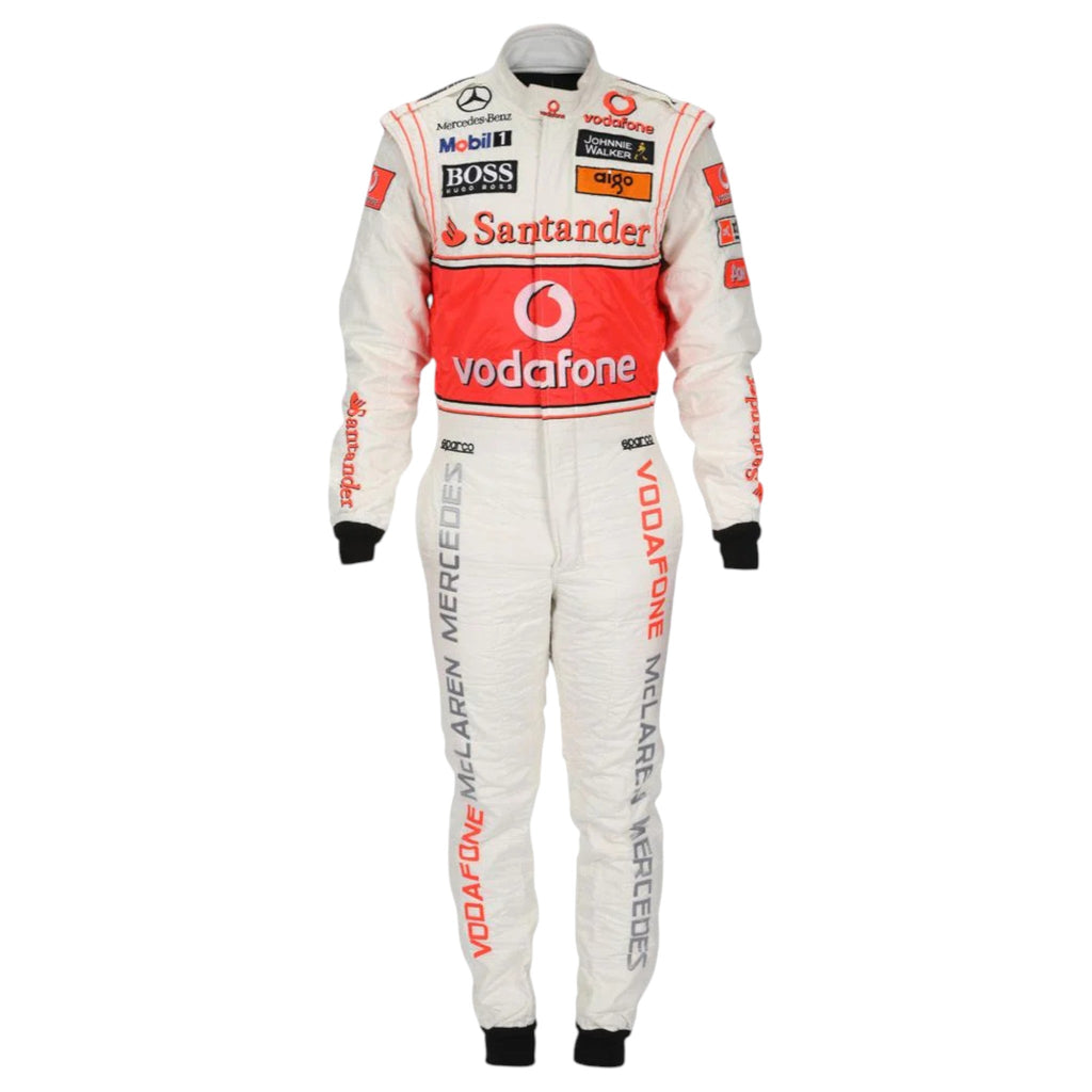 Jenson Button 2010 McLaren F1 race suit in silver and red with Vodafone McLaren Mercedes sponsor logos
