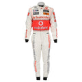 Jenson Button 2010 McLaren F1 race suit in silver and red with Vodafone McLaren Mercedes sponsor logos
