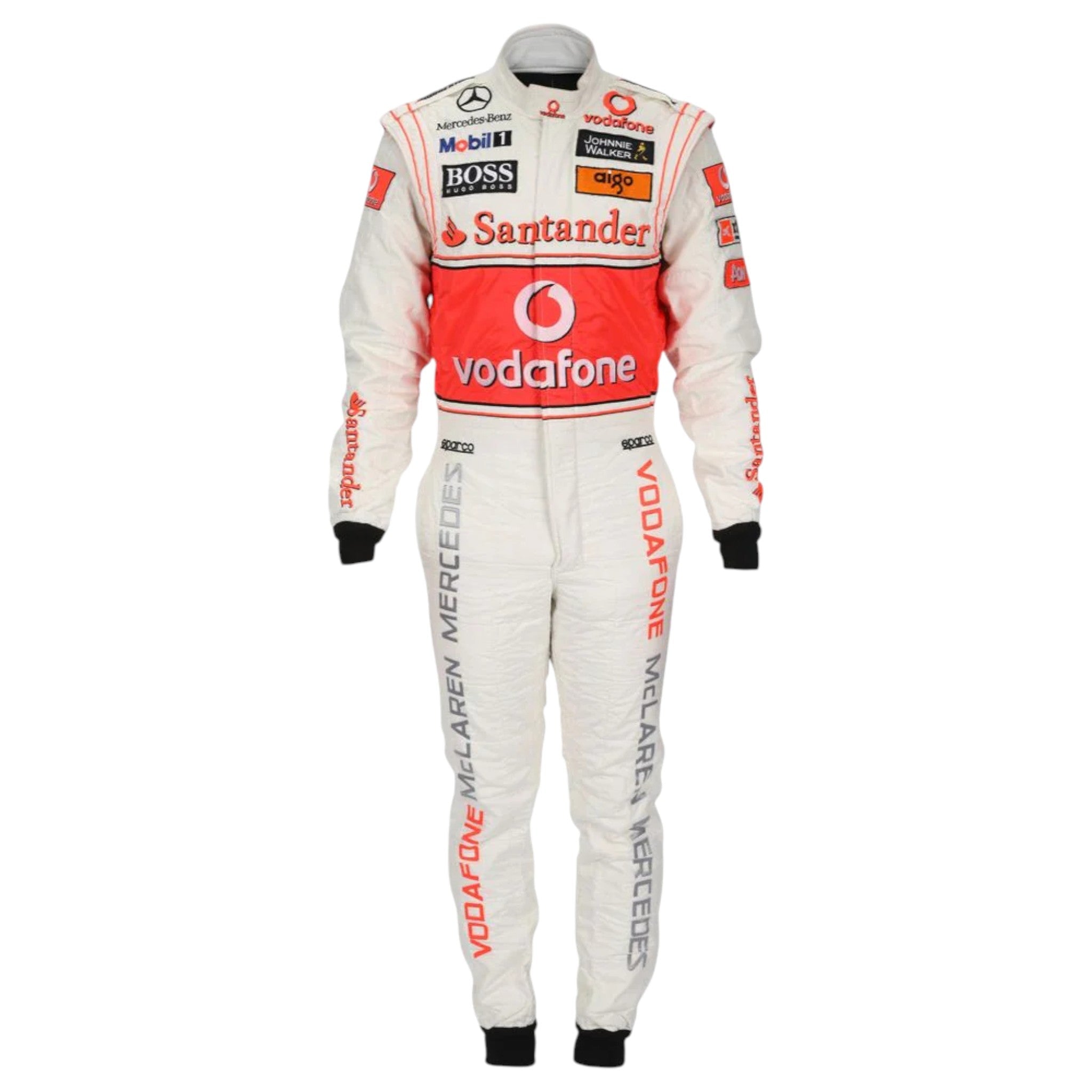 Jenson Button 2010 McLaren F1 race suit in silver and red with Vodafone McLaren Mercedes sponsor logos
