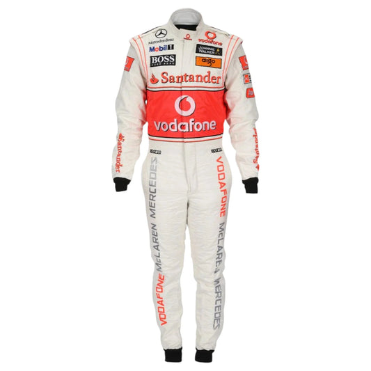 Jenson Button 2010 McLaren F1 race suit in silver and red with Vodafone McLaren Mercedes sponsor logos