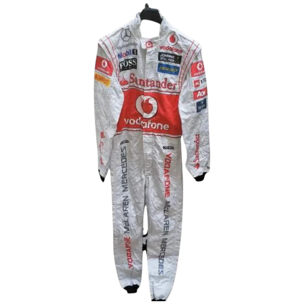 Jenson Button 2011 McLaren F1 race suit in silver and red with Vodafone McLaren Mercedes sponsor logos
