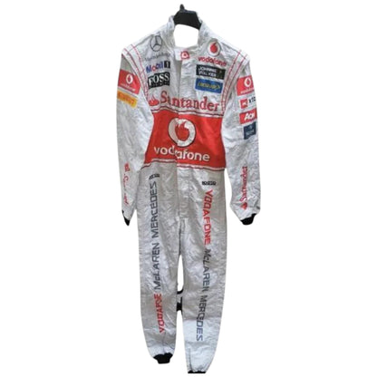 Jenson Button 2011 McLaren F1 race suit in silver and red with Vodafone McLaren Mercedes sponsor logos
