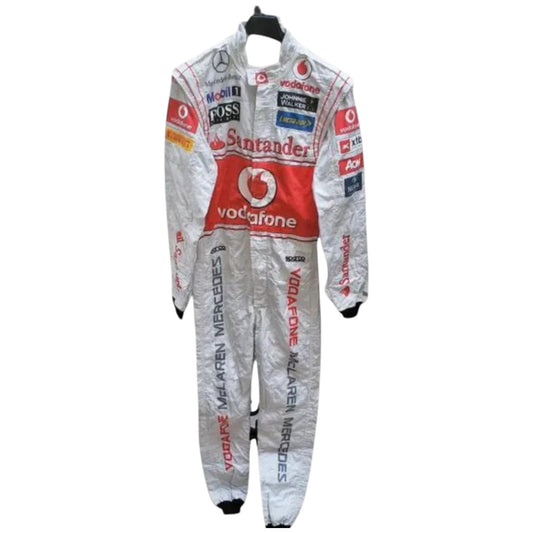Jenson Button 2011 McLaren F1 race suit in silver and red with Vodafone McLaren Mercedes sponsor logos
