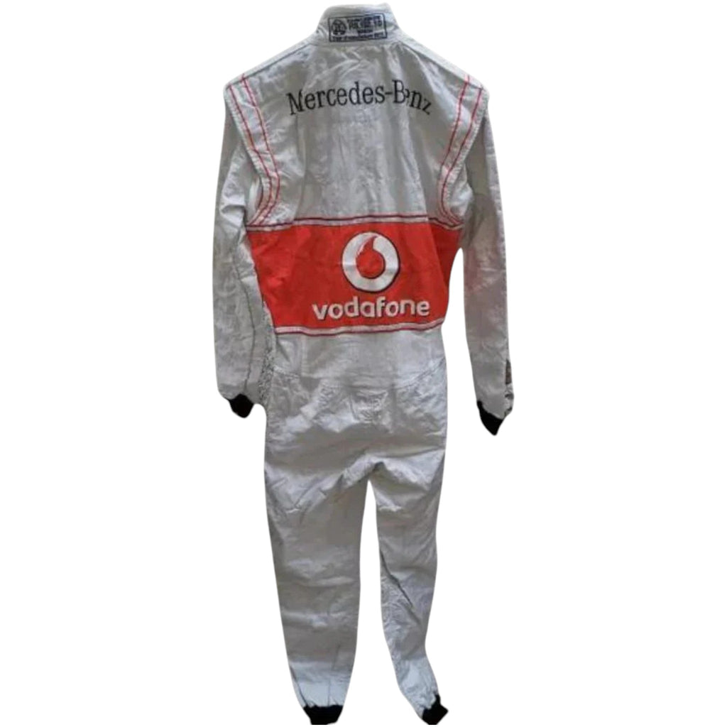 Jenson Button 2011 McLaren F1 race suit in silver and red with Vodafone McLaren Mercedes sponsor logos
