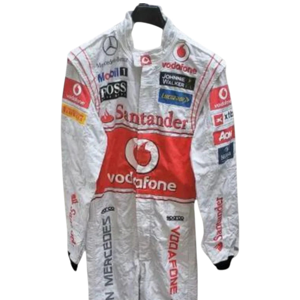 Jenson Button 2011 McLaren F1 race suit in silver and red with Vodafone McLaren Mercedes sponsor logos
