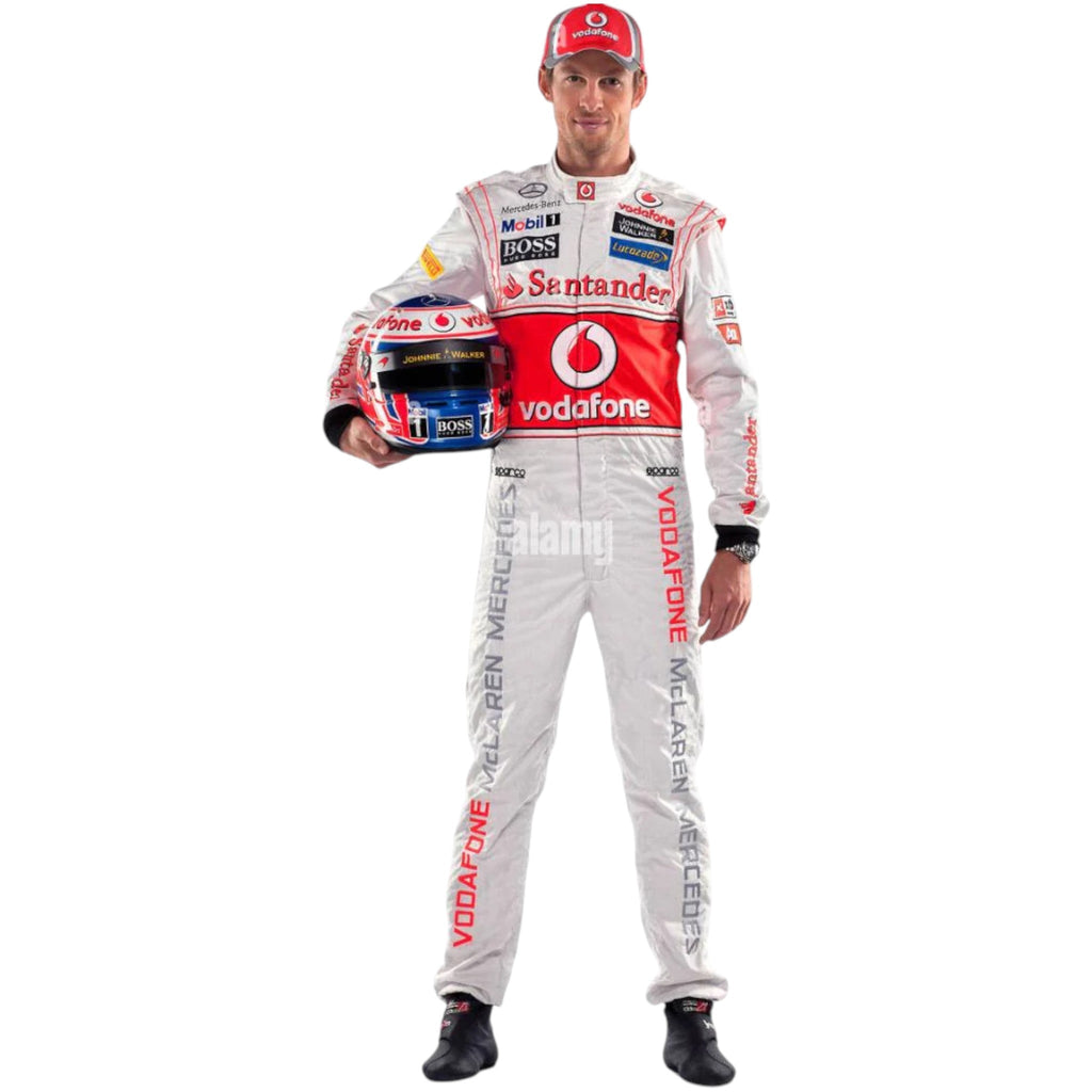 Jenson Button 2012 McLaren F1 race suit in silver and red with Vodafone McLaren Mercedes sponsor logos