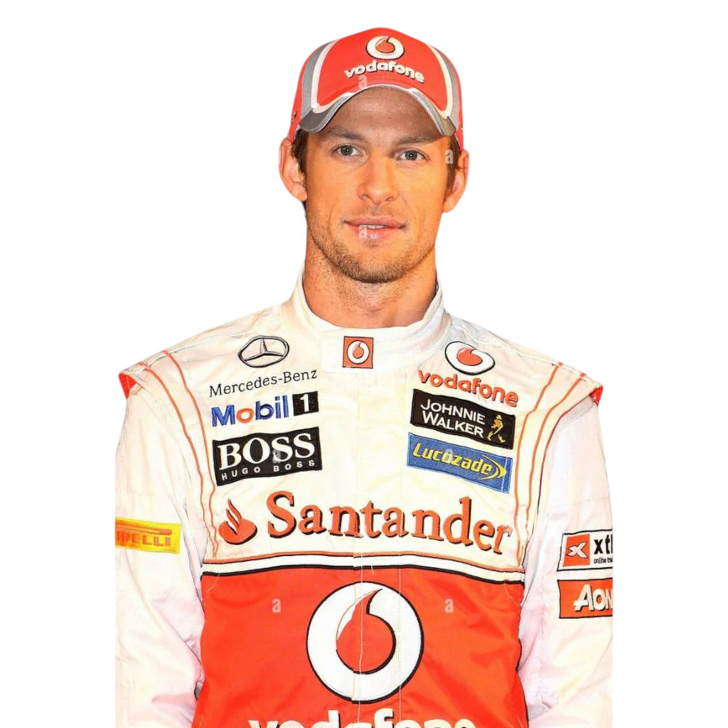 Jenson Button 2012 McLaren F1 race suit in silver and red with Vodafone McLaren Mercedes sponsor logos
