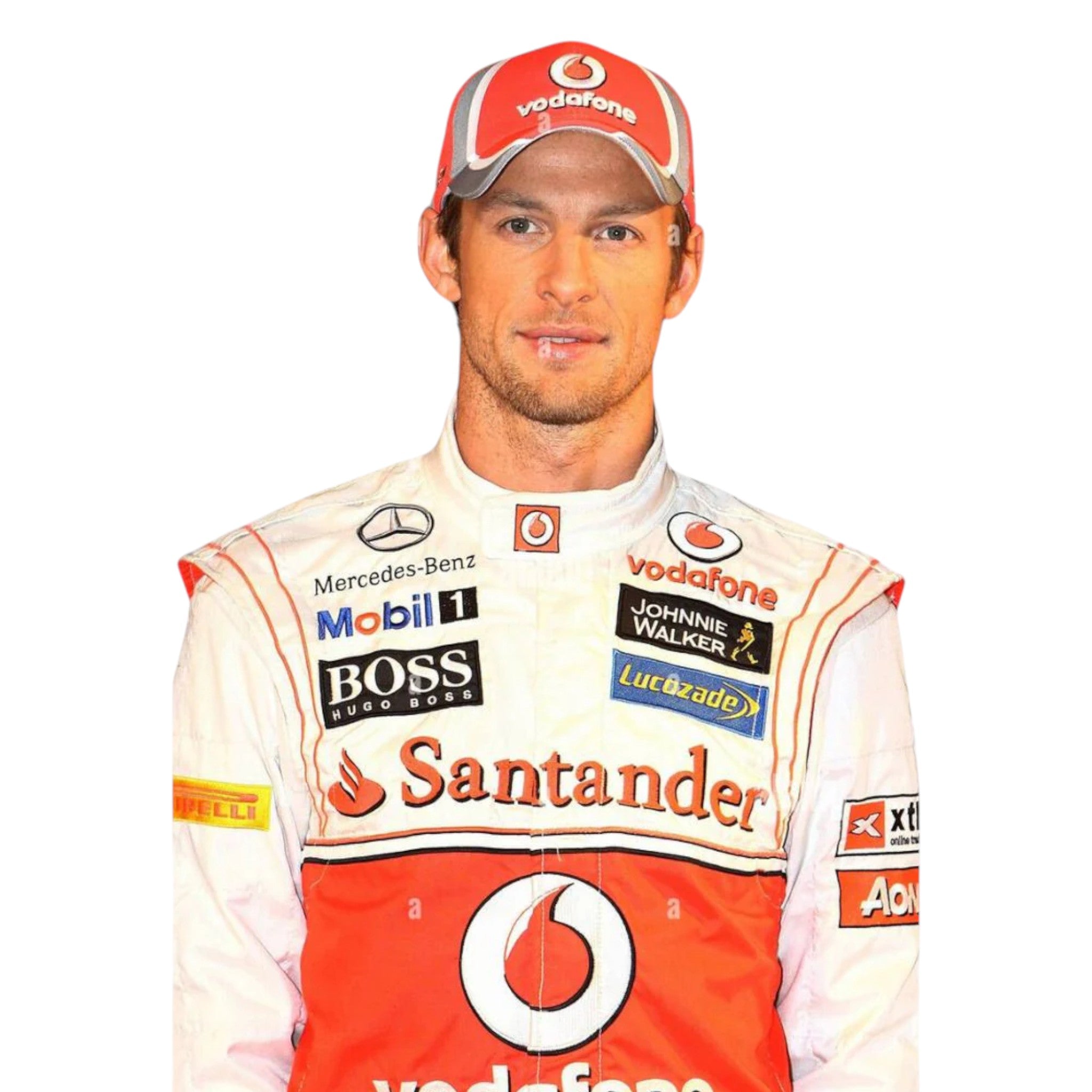 Jenson Button 2012 McLaren F1 race suit in silver and red with Vodafone McLaren Mercedes sponsor logos
