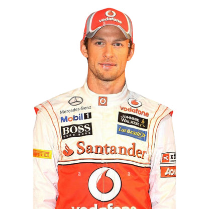 Jenson Button 2012 McLaren F1 race suit in silver and red with Vodafone McLaren Mercedes sponsor logos
