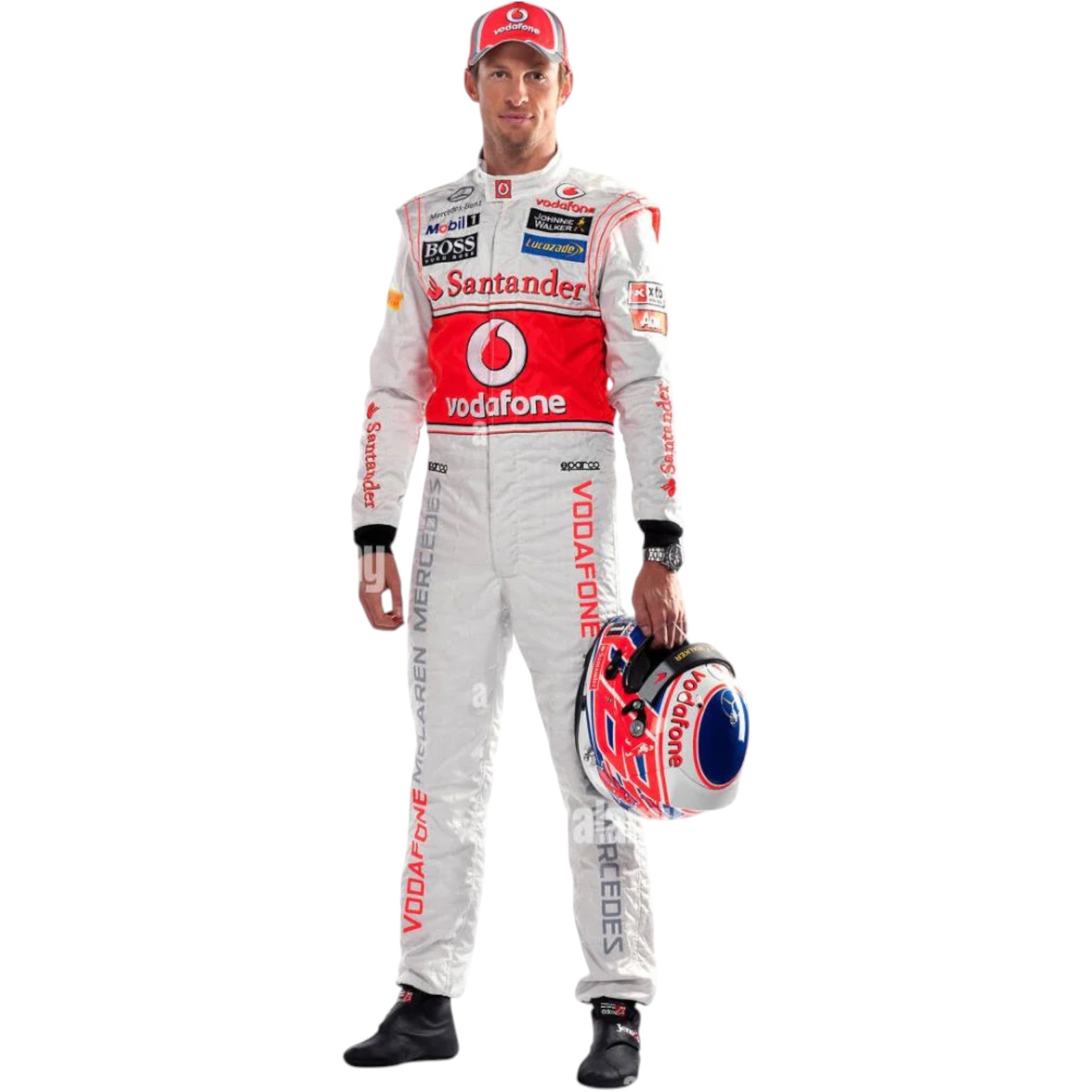 Jenson Button 2012 McLaren F1 race suit in silver and red with Vodafone McLaren Mercedes sponsor logos
