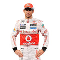 Jenson Button 2013 McLaren F1 race suit in silver, white, and red with McLaren Mercedes sponsor logos